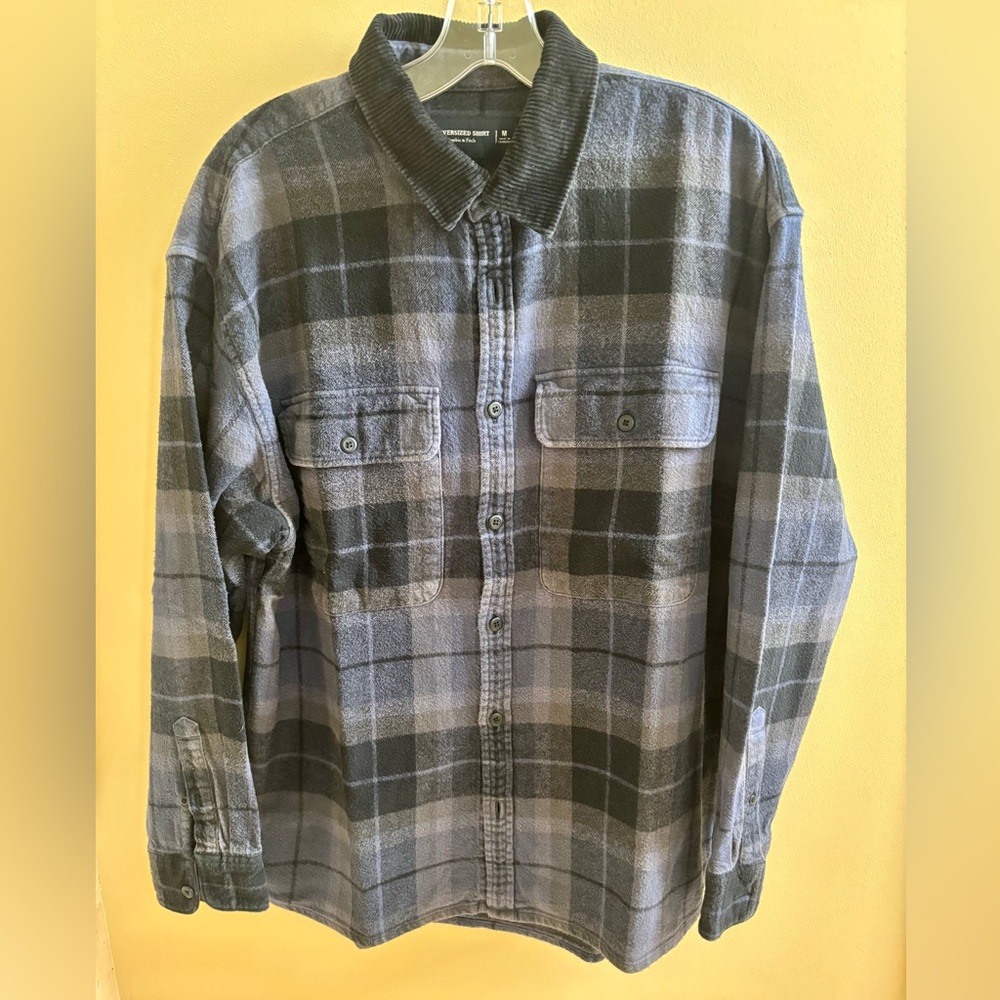 Abercrombie & Fitch Men’s 90's Oversized Cotton Flannel Shirt Blue Gray Plaid